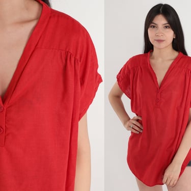 Red Tunic Top 70s 80s Blouse Cap Sleeve V Neck Button up Shirt Retro Plain Basic Henley Summer Casual Retro Shirt Vintage 1970s Large 