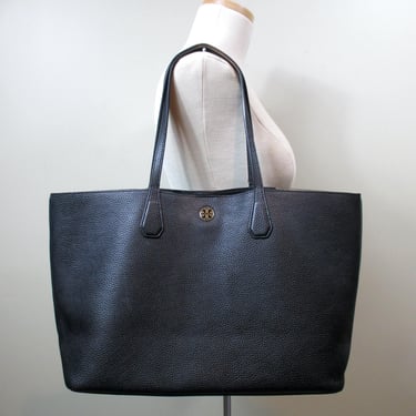 Tory Burch Blake Tote Black Pebbled Leather Shoulder Bag Double Strap Carryall Oversized Handbag City Tote Large Purse Laptop Commuter Bag 