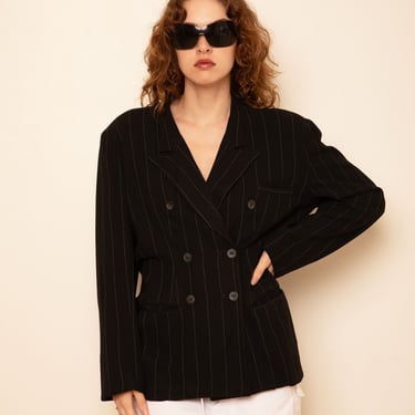Vintage Anna Sui Y2K Pinstripe Tailored Double Breasted Blazer with Neon Pink Lining sz S M 2000s Loose Rayon Boyfriend Oversized 