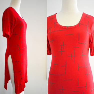 1990s Red Jersey Tunic with Glitter Design 