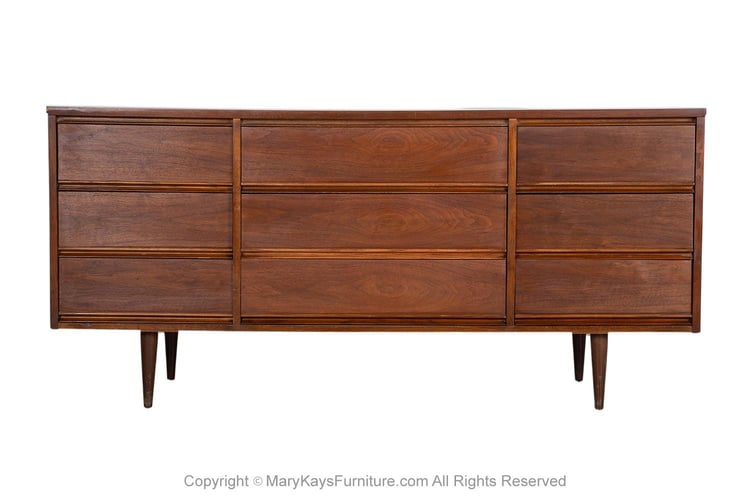 Mid-Century Modern Walnut 9 Drawer Dresser by Dixie 