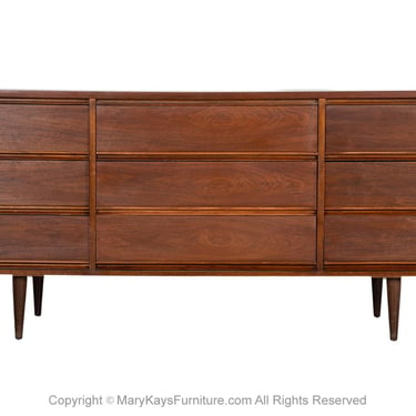 Mid-Century Modern Walnut 9 Drawer Dresser by Dixie 