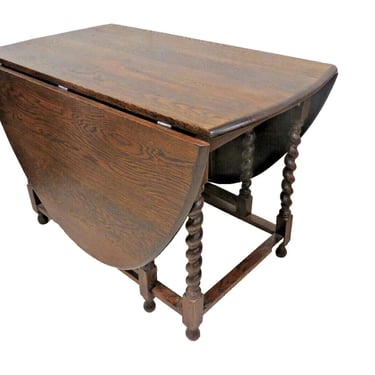 Oval Dining Table | Large Antique English Oak Barley Twist Drop Leaf Gate Leg Table - Refinished 