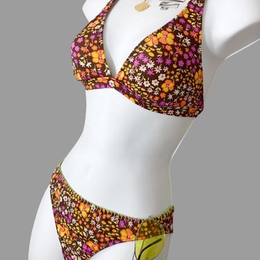 80s mocha floral bikini, vintage women’s print triangle top swimsuit size small 