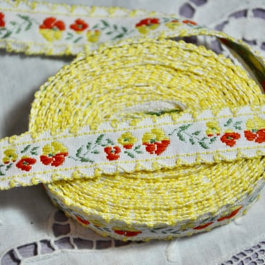 French Woven Jacquard Ribbon Ombre Flowers Soft White Ribbon with Soft Ombre Yellow Orange Floral Sage Leaves NOS 4.75 Yards X 1/2