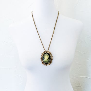 70s Cameo Brooch and Chain Necklace in Cream Black Gold 