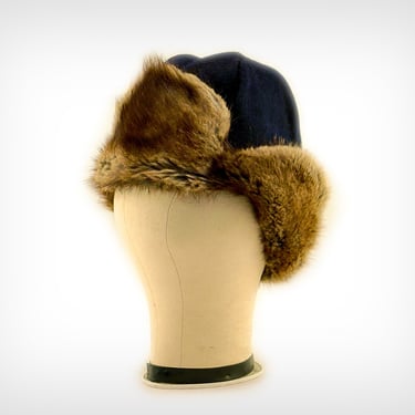 40s Hat // 1940's Navy Wool Felt and Rabbit Fur Trapper Hat 