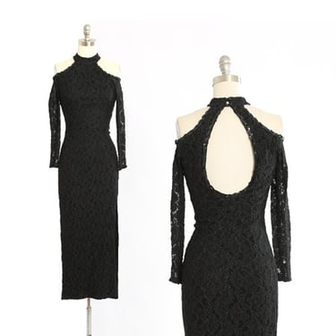 Vintage 80s black lace sequin bodycon maxi dress 