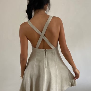 90s linen backless dress / vintage oatmeal linen criss cross halter sleeveless swing mini dress | Small 