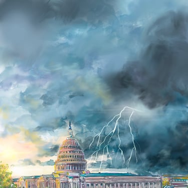 Thunderstorm over Capitol Washington D.C. Colorful Gicleé print by local artist Cris Clapp Logan 