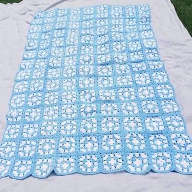 blue and white  granny squares afghan Twin size  blanket Baby Shower gift Baby boy nursery 