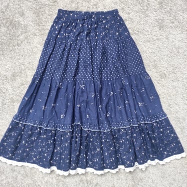 Vintage 1970's prairie skirt, Gunne Sax Style Skirt, 70's midi skirt, dark blue 1970s Boho skirt, Original 70s cotton skirt 