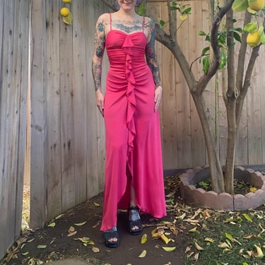 Vintage 1970’s Pink Long Dress with Ruffle Front 