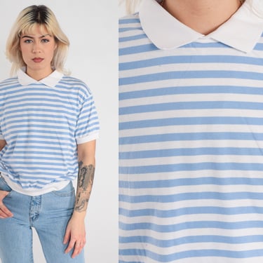 90s Striped Shirt Light Blue White Collared Shirt Retro Slouchy Polo Short Sleeve Banded Hem Top Casual Blouse Preppy 1990s Vintage Medium M 