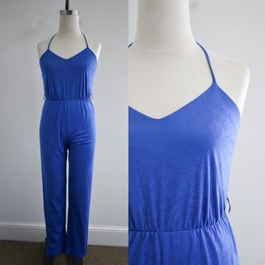 1970s Royal Blue Floral Knit Jumpsuit 