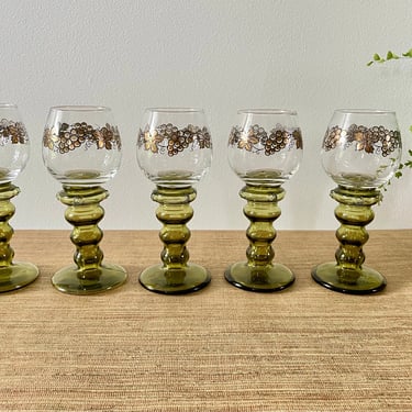 Vintage Wine Glasses - German Roemer Green Stem Wine Glasses - Set of 5 - Gold Grape and Leave Design - Bubble Stem - Green Grape Glasses 