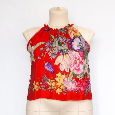 Boho Cami Top Size XX-Large Tank Top |  Upcycled Vintage Scarves Top | Summer Halter Top | Red Floral Print Scarf Top | Ellemichelle 