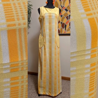 Vintage 1970s Yellow & Orange Plaid Polyester Maxi Dress with Pockets by 