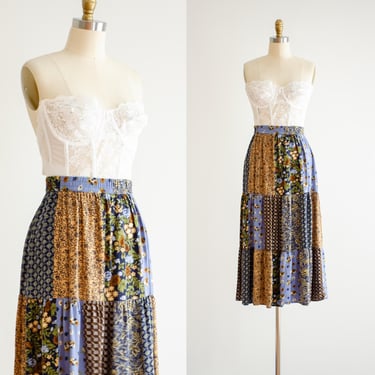 patchwork mai skirt 90s y2k vintage blue yellow floral boho peasant skirt 