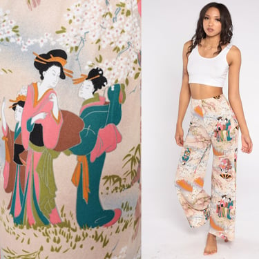 70s Bell Bottom Pants Japanese Geisha Bellbottoms Cherry Blossom Print Asian Inspired High Waisted Flared Vintage 1970s Extra Small XS S 