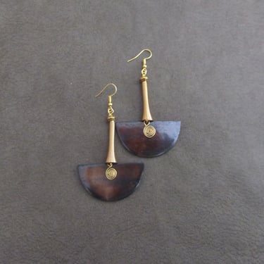 African earrings, brass and bone horn earrings, wire wrapped earrings, brown Afrocentric earrings, fan earrings, ethnic bohemian earrings 