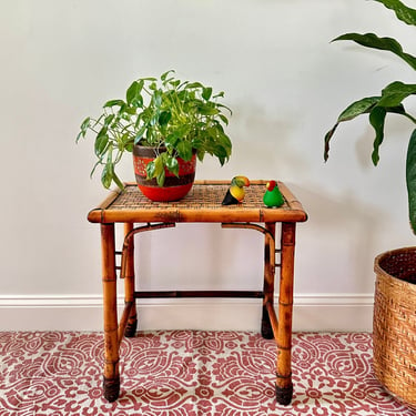 Vintage Tortoiseshell Bamboo Side Table With Fretwork & Woven Top - Rattan Decor 