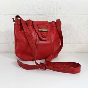 Vintage Crossbody Purse Red Shoulder Bag Handbag Sharif Faux Reptile Snake Skin Embossed Small Drawstring Bucket USA 1980s 80s 