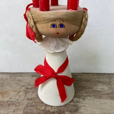 Vintage St. Lucia Wooden Candle Holder, Hand Made, Christmas Decor, Sweden, Signed By Artist, Includes Candles, Scandinavian 