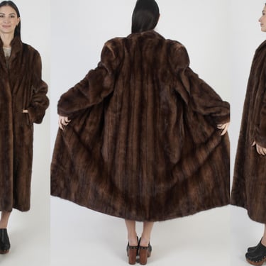 Full Length Brown Mink Coat, Brown Shawl Collar Maxi, Vintage Real Fur Wedding Overcoat 