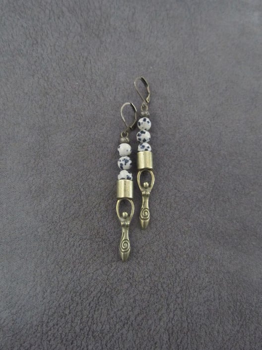 Dalmatian jasper and bronze goddess female figure earrings 