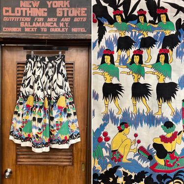 Vintage 1950’s Hula Girl Tiki Hawaiian Cotton Rockabilly Skirt, Hawaiian, Tiki, Cotton Skirt, 1950’s, Novelty Print, Tropical, Dance, 