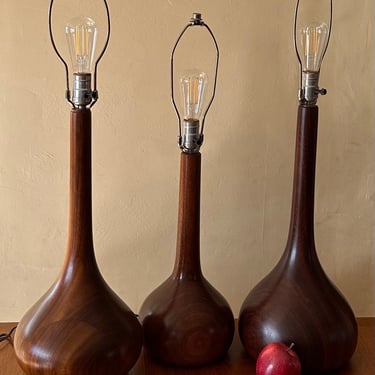 THREE Danish Teak Kisses base (onion base) Table Lamps 
