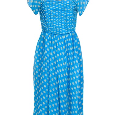 J. Peterman - Blue & Yellow Polka Dot Pleated Bust Midi Silk Dress Sz 4