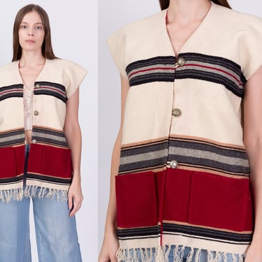 Vintage 1950s Chimayo Blanket Vest - Men's Medium, Women's Large | 50s Torres Striped Wool Fringe Concho Button Sleeveless Poncho Jacket 