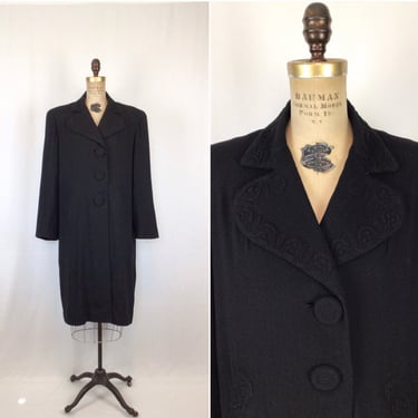 Vintage 40s coat | Vintage black wool crepe coat | 1940s embroidered coat 
