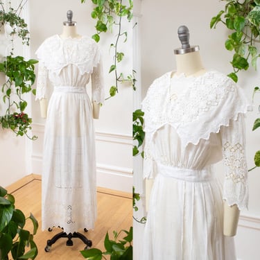 Antique Edwardian Tea Dress | 1910s White Cotton Lace Three Quarter Sleeve Full Length Maxi Wedding Lawn Dress | small 