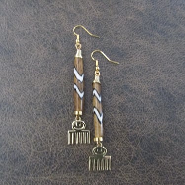 Afro pick earrings, adinkra symbol earrings, beauty earrings, batik print bone/horn earrings 