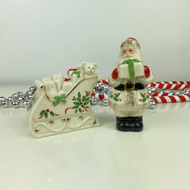 Lenox Santa and Sleigh Salt and Pepper Shaker Set, Lenox American by Design Holiday Collection, Teddy Bear, Santa Claus, Lenox Holiday Dish 