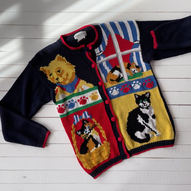 cat sweater | 80s 90s Alexandra Barlett patchwork colorblock kitten novelty cottagecore streetwear aesthetic cardigan 