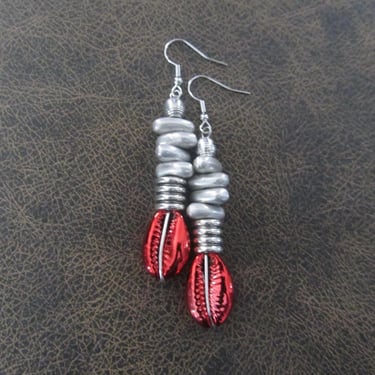 Electroplated red cowrie shell earrings 2 