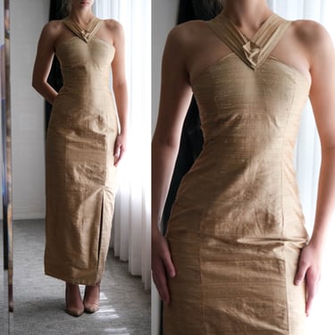 Vintage 60s Gold Raw Silk Halter Hourglass Formal Gown | 100% Raw Silk | Pinup, Noir, Hollywood | 1960s Silk Evening Maxi Wiggle Dress 