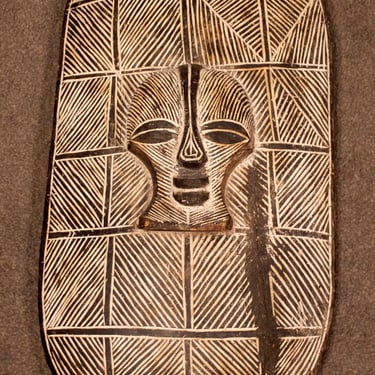 Vintage Large African Relief Carved Shield Mask Sculpture 
