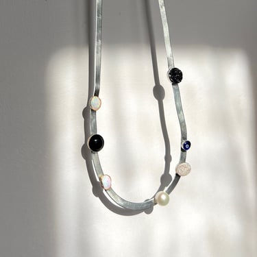Herringbone Chaos - Black and White and Blue Herringbone Stone Statement Necklace Pearl Opal Onyx Druzy Evil Eye 
