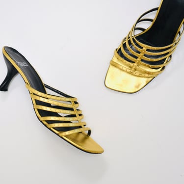 Vintage 90s 2000s y2k Gold Studded Leather High Heels Size 10 Charles Jourdan Paris Metallic Gold Strap High Heel Slide Sandals 90s size 10 