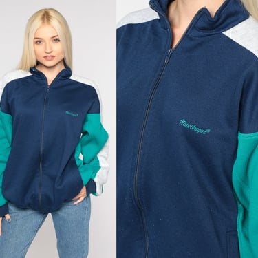 Zip Up Sweatshirt 80s MacGregor Track Jacket Retro Blue Green Color Block Warm Up Jacket Sporty Streetwear Vintage 1980s Large L 