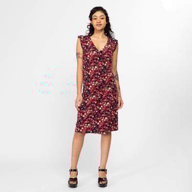 Small 90s Star Print Bias Cut Midi Dress | Vintage Red & Black Slinky V Neck Split Sleeve Boho Dress 