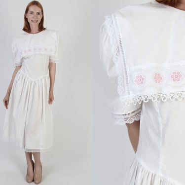 Vintage 80s Gunne Sax Tea Dress, Jessica McClintock Tea Outfit, White Wide Embroidered Collar Midi Dress 9 10 