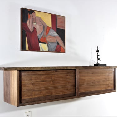 Custom 80 inch large Nakashima style walnut live edge wall hanging floating cabinet with shelf and sliding doors 