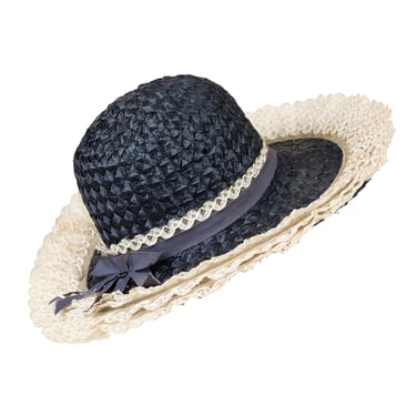 Schiaparelli 1960s Vintage Navy & Cream Straw Wide Brim Sun Hat 