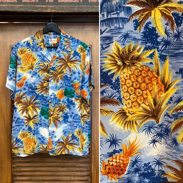 Vintage 1960’s Tropical Island Pineapple Rayon Hawaiian Shirt, 60’s Shirt, Vintage Tiki Shirt, Vintage Loop Collar Shirt, Vintage Clothing 